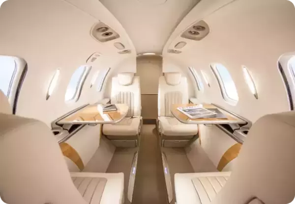 Plush interior of a private jet.